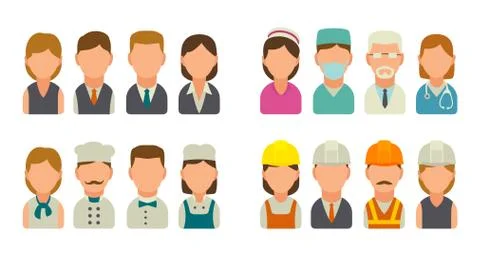 Set icon character cook, builder, business and medical people. Stock Illustration