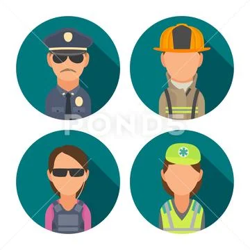 Set icon character people. Police, bodyguard, fireman, paramedic. Stock Illustration