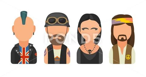 Set icon different subcultures people. Punk, biker, goth, hippy Stock Illustration