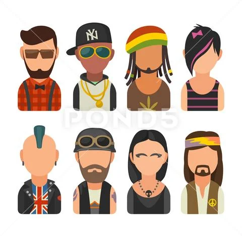 Set icon different subcultures people. Hipster, raper, emo, rastafarian, punk Stock Illustration