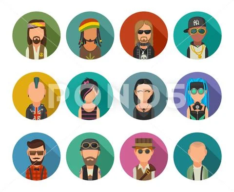 Set icon different subcultures people. Hipster, raper, emo, rastafarian, punk Stock Illustration