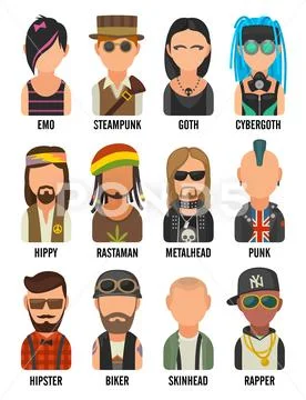 Set icon different subcultures people. Hipster, raper, emo, rastafarian, punk Stock Illustration