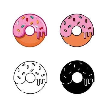 Set Of Icon Donut Vector In Outline, Silhouette, Flat and Realistic Style Stock Illustration