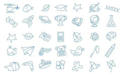 Set Icon hand drawn back to school kids children line art, education vector i Stock Illustration