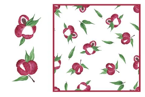 Set - icon of lychee berries and Lychee fruits seamless pattern. Exotic fruit Stock Illustration