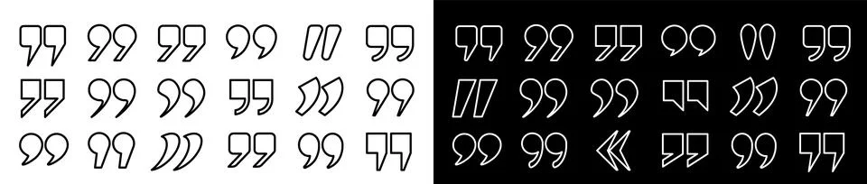 A set of icon outlines in the form of quotation marks on a white and black Stock Illustration