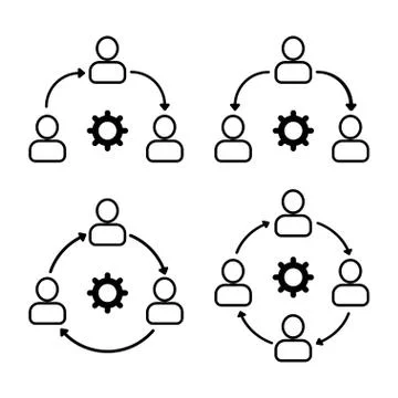 Set icon teamwork, three people and information sharing. 스톡 일러스트