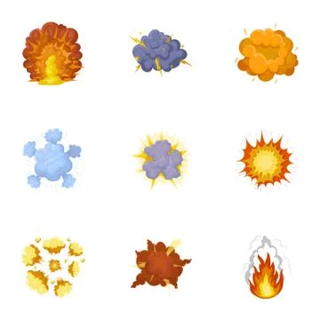 A set of icons about the explosion. Various explosions, a cloud of smoke and Stock Illustration