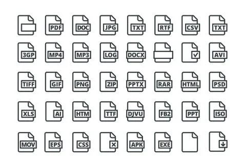 Set of icons all popular program formats. PDF DOC and many others uniform Stock Illustration