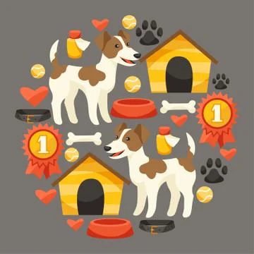 Set of icons and objects with cute dogs Stock Illustration