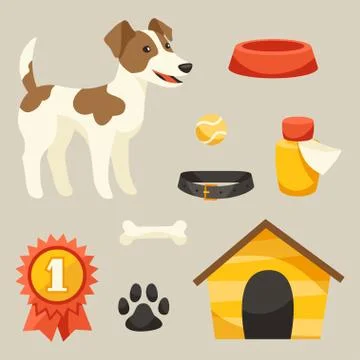 Set of icons and objects with cute dog Stock Illustration