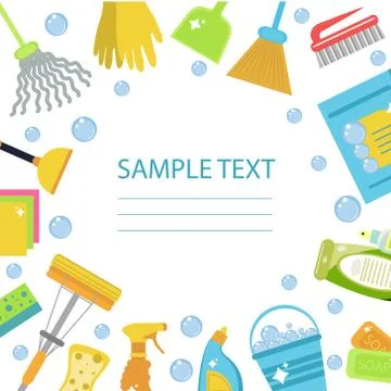 Set of icons for cleaning tools. Cleaning template for text, background. Fl.. Stock Illustration