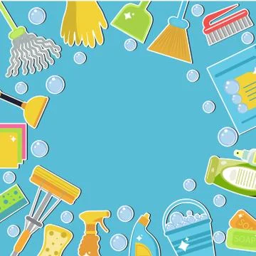 Set of icons for cleaning tools. Cleaning template for text, background. Fl.. Stock Illustration