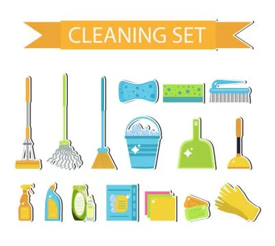 Set of icons for cleaning tools. House cleaning. Cleaning supplies. Flat de.. Stock Illustration