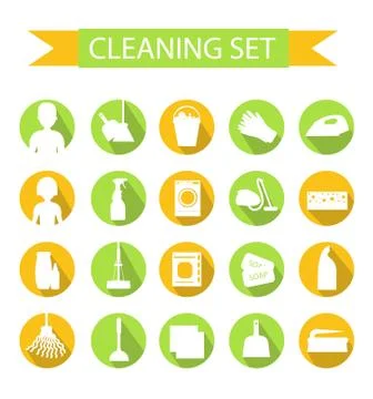 Set of icons for cleaning tools. House cleaning. Cleaning supplies. Flat de.. Stock Illustration