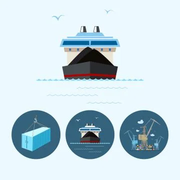 Set icons with container, dry cargo ship Stock Illustration