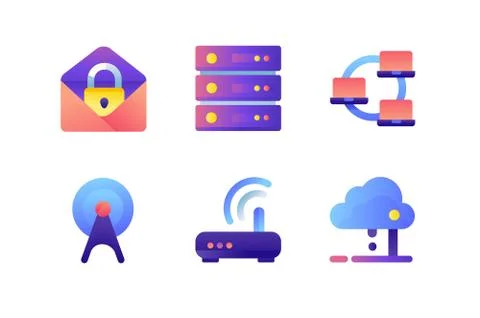 Set icons with database, wi-fi modem, web, mail, network, laptop. Stock Illustration