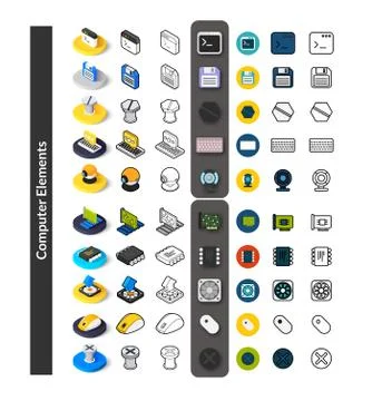 Set of icons in different style - isometric flat and otline, colored and blac Stock Illustration