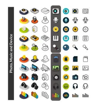 Set of icons in different style - isometric flat and otline, colored and blac Stock Illustration