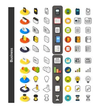 Set of icons in different style - isometric flat and otline, colored and blac Stock Illustration