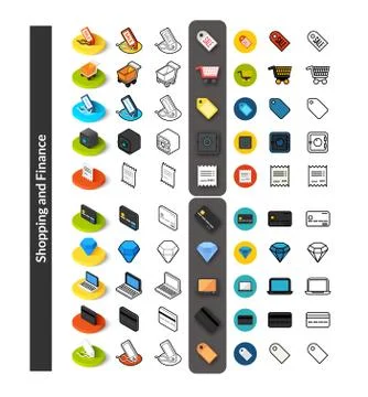 Set of icons in different style - isometric flat and otline, colored and blac Illustrazione stock