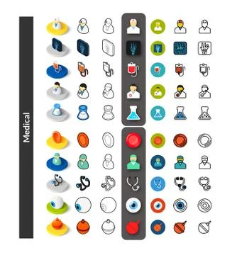 Set of icons in different style - isometric flat and otline, colored and blac Stock Illustration