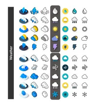 Set of icons in different style - isometric flat and otline, colored and blac 스톡 일러스트