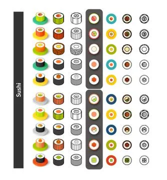 Set of icons in different style - isometric flat and otline, colored and blac Stock Illustration