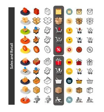 Set of icons in different style - isometric flat and otline, colored and blac 스톡 일러스트