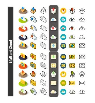 Set of icons in different style - isometric flat and otline, colored and blac Stock Illustration