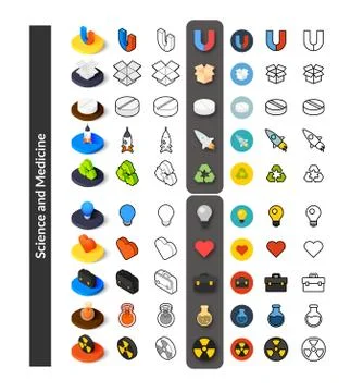 Set of icons in different style - isometric flat and otline, colored and blac Stock Illustration