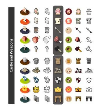 Set of icons in different style - isometric flat and otline, colored and blac Stock Illustration