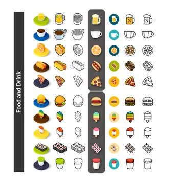 Set of icons in different style - isometric flat and otline, colored and blac Stock Illustration