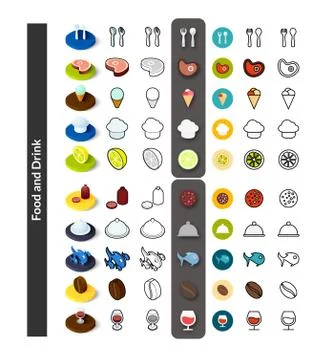Set of icons in different style - isometric flat and otline, colored and blac Stock Illustration