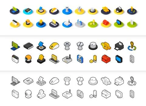 Set of icons in different style - isometric flat and otline, colored and black Stock Illustration