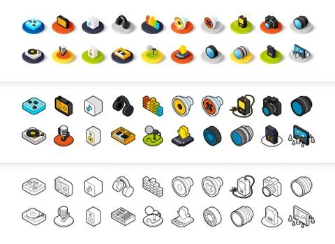 Set of icons in different style - isometric flat and otline, colored and black Stock Illustration