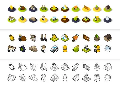 Set of icons in different style - isometric flat and otline, colored and black Illustrazione stock