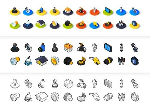 Set of icons in different style - isometric flat and otline, colored and black Illustrazione stock