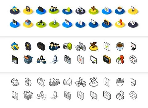 Set of icons in different style - isometric flat and otline, colored and black Stock Illustration