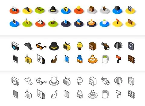Set of icons in different style - isometric flat and otline, colored and black Stock Illustration