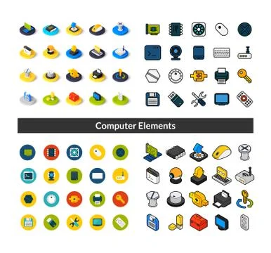 Set of icons in different style - isometric flat and otline, colored and black Stock Illustration