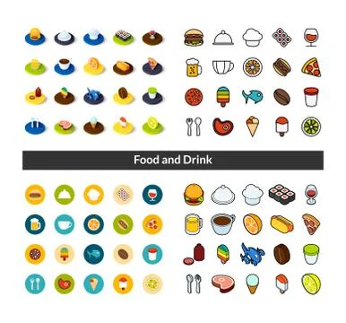 Set of icons in different style - isometric flat and otline, colored and black Stock Illustration