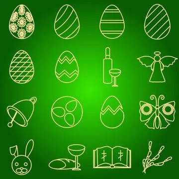 Set of icons Easter symbols egg, angel, bell, wine, butterfly, bible, rabbit, Stock Illustration