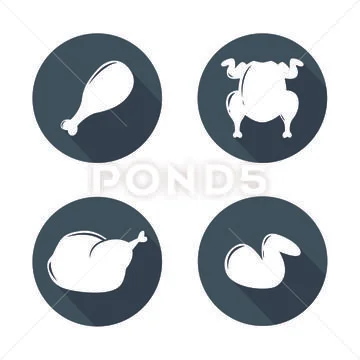 Set of icons in the form of dark circles with fried chicken inside Stock Illustration