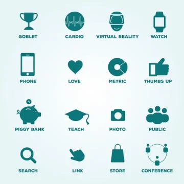 Set of icons goblet, cardio, virtual reality, watch, phone, love, metric, t.. Illustrazione stock