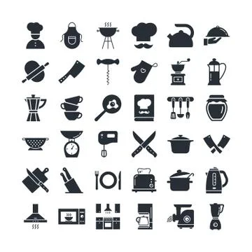 Set of icons on the kitchen theme, kitchen tools, logos, and lettering. Stock Illustration