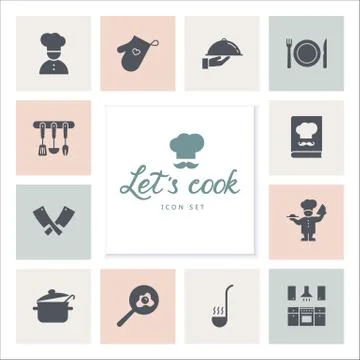 Set of icons on the kitchen theme, kitchen tools, logos, and lettering. Stock Illustration