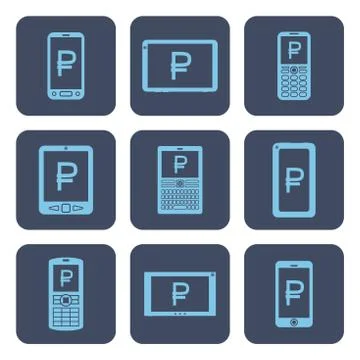 Set of icons - mobile devices with rouble symbols on screens Stock Illustration