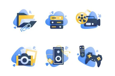Set icons with multimedia, folder, camera, cinema, remote controller, joystick. Stock Illustration
