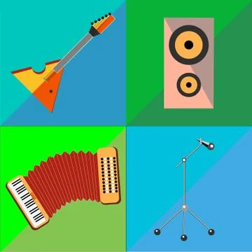 Set icons on musical instruments two-tone background Stock Illustration